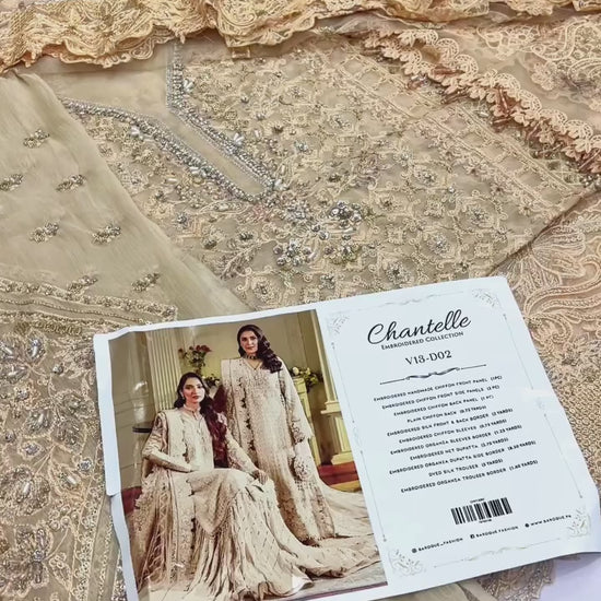Discover Baroque Chantelle Embroidered Chiffon Collection worn by Ateza Khan — a luxurious unstitched dress featuring delicate embroidery and premium chiffon fabric. This top Pakistani designer replica by Shaebiz is ideal for formal events and festive wear. Limited stock. Order Now.