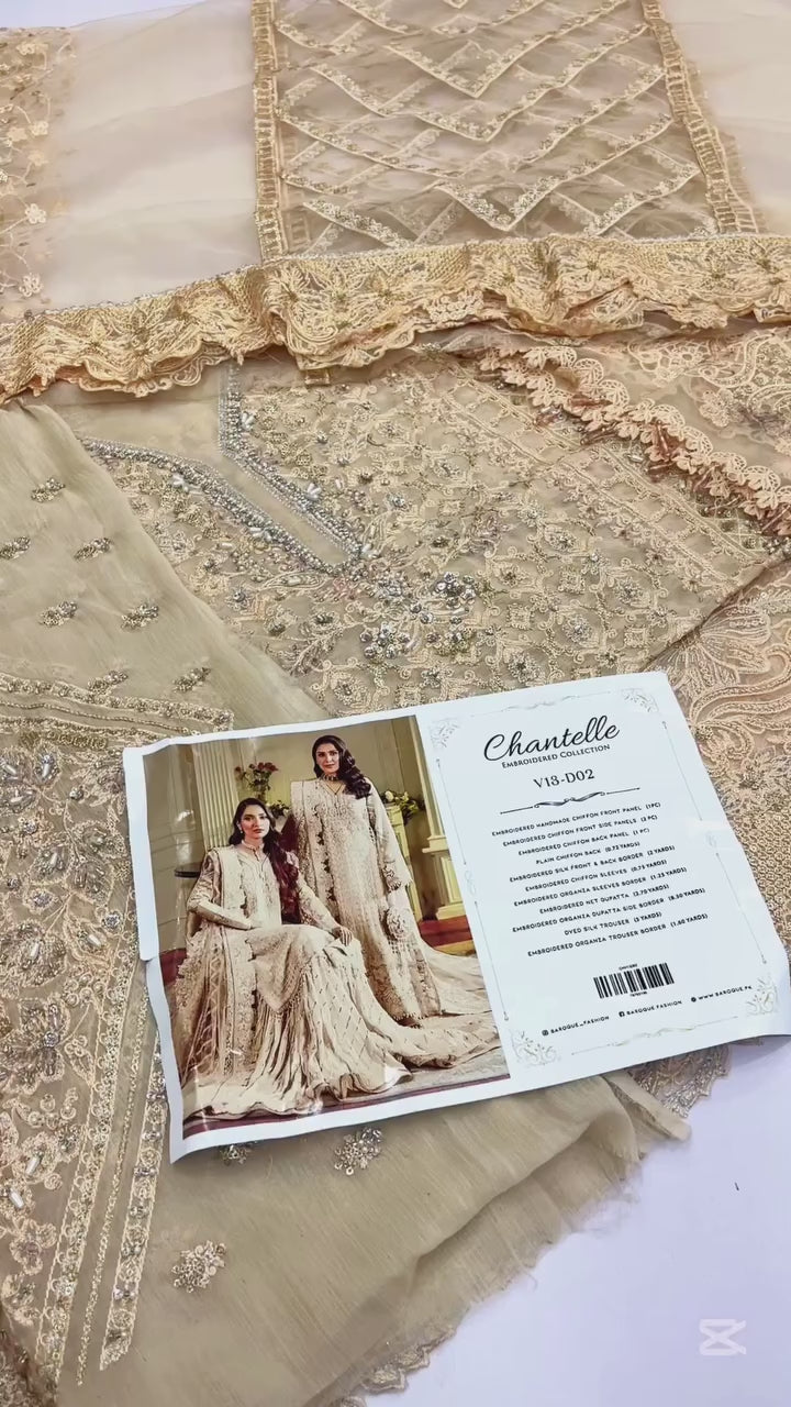 Discover Baroque Chantelle Embroidered Chiffon Collection worn by Ateza Khan — a luxurious unstitched dress featuring delicate embroidery and premium chiffon fabric. This top Pakistani designer replica by Shaebiz is ideal for formal events and festive wear. Limited stock. Order Now.