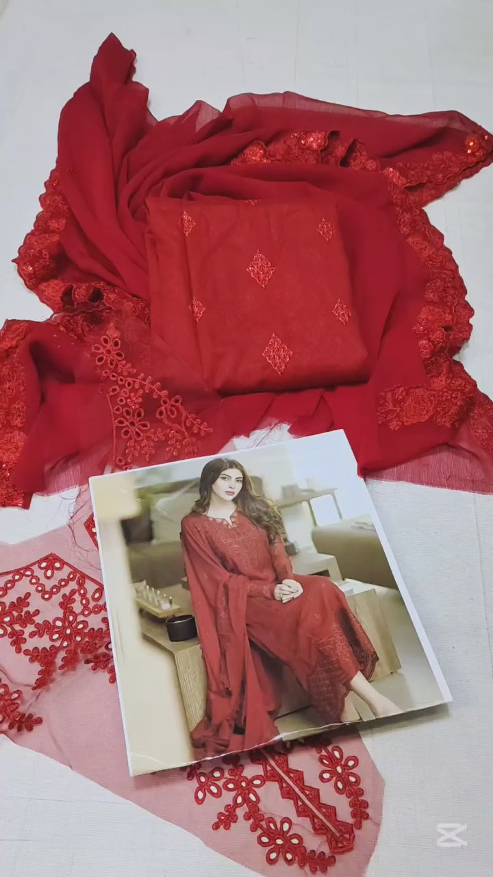 AZURE RED LAWN CHICKEN KARI| UNSTITCHED MASTER REPLICA| TOP PAKISTANI DRESS BY SHAEBIZ