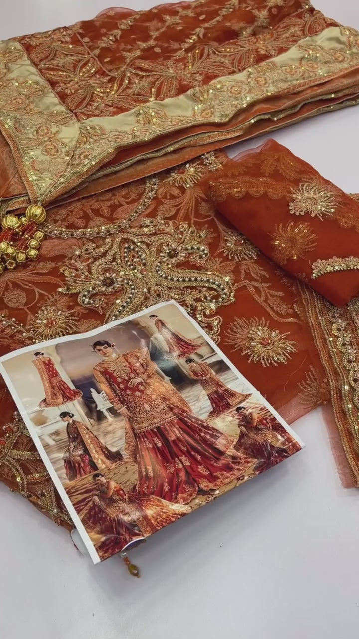 AFROZEH BURNT ORANGE LUXURY WEDDING EDITION| UNSTITCHED COLLECTION| TOP PAKISTANI DRESS BY SHAEBIZ