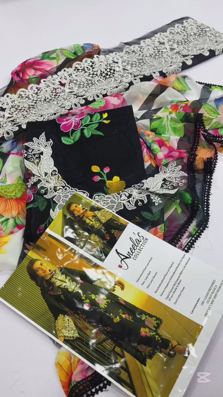 ANEELA'S LATEST BLACK MIDNIGHT ROSES LAWN DRESS| UNSTITCHED SUMMER COLLECTION| TOP PAKISTANI DRESS BY SHAEBIZ