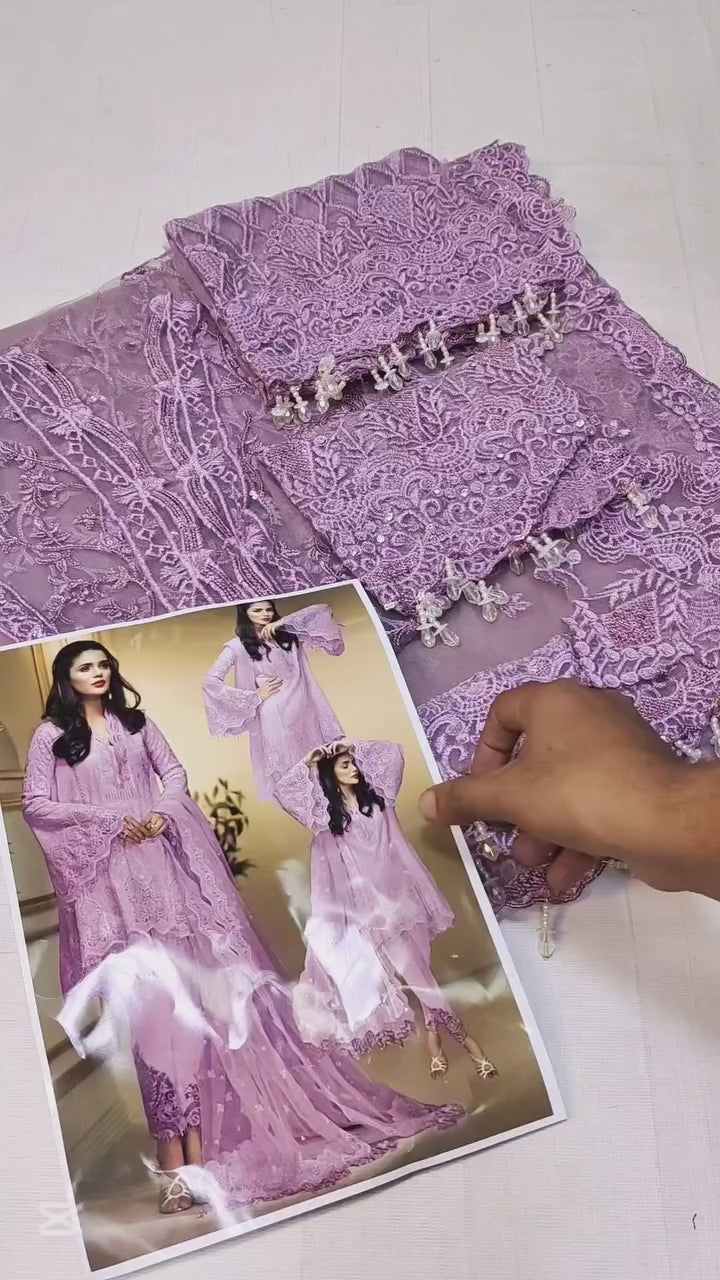 ANAYA PURPLE NET EMBROIDERED DRESS | UNSTITCHED PARTY WEAR | TOP PAKISTANI DRESS BY SHAEBIZ