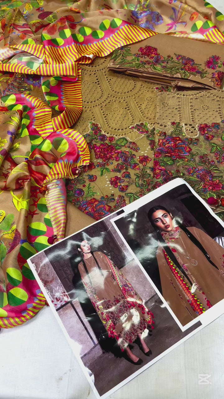 JAGNU BROWN EMBROIDERED LAWN DRESS | UNSTITCHED 3 PCS BY SHAEBIZ