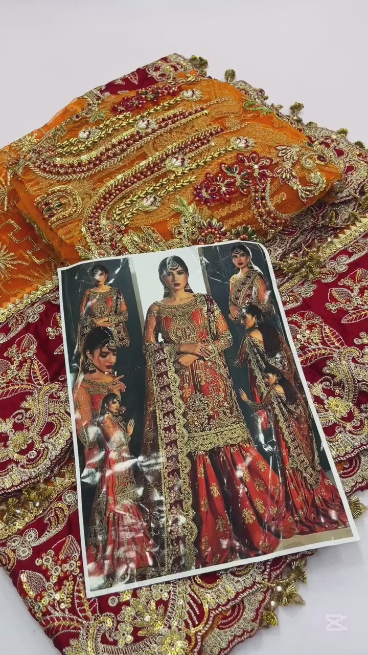IMROZIA ORANGE HALDI GLOW NET DRESS | UNSTITCHED MEHNDI COLLECTION| TOP PAKISTANI DRESS BY SHAEBIZ