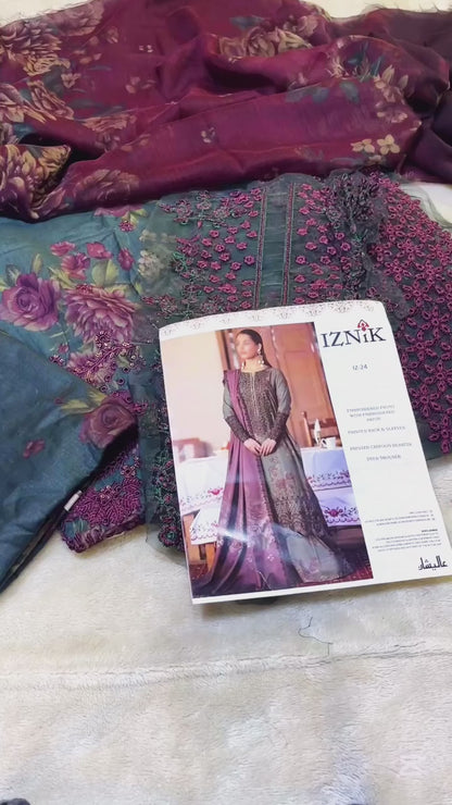 IZNIK GREEN GLOW 2026 PRINTED LAWN DRESS| UNSTITCHED 3 PCS| TOP PAKISTANI DRESS BY SHAEBIZ