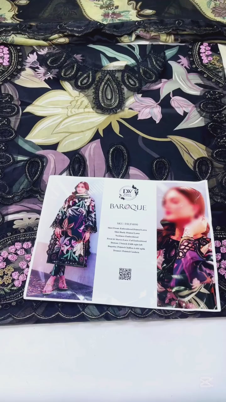 BAROQUE EMBROIDERED MULTI PRINTED DARK ROSE | UNSTITCHED PARTY WEAR| TOP PAKISTANI DRESS BY SHAEBIZ S