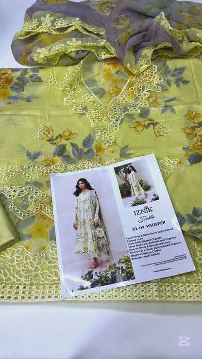 IZNIK YELLOW LAWN CHICKEN KARI | TOP PAKISTANI DRESS BY SHAEBIZ