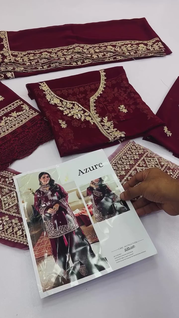 AZURE MAROON MAJESTY LUXURY CHIFFON COLLECTION| UNSTITCHED 3 PCS| TOP PAKISTANI DRESS BY SHAEBIZ