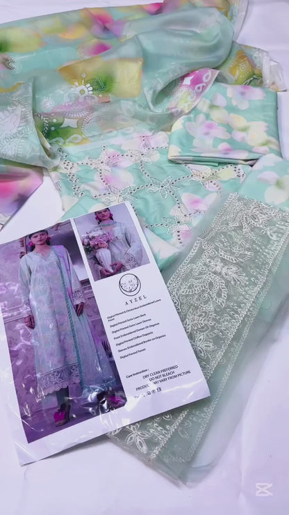 AYZEL SEA GREEN PRINTED SWISS LAWN COLLECTION| UNSTITCHED COLLECTION BY SHAEBIZ