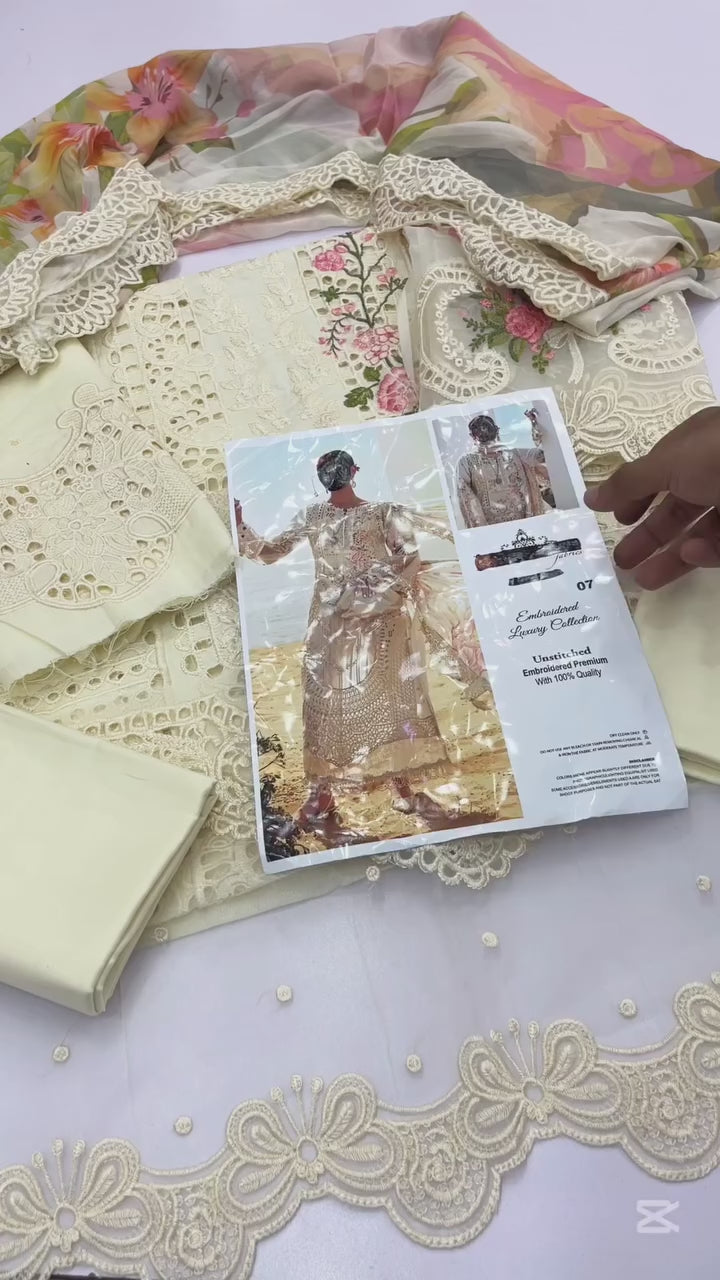 MARIA B EMBROIDERED BEIGE BELLE LUXURY LAWN COLLECTION| UNSTITCHED SUMMER COLLECTION| TOP PAKISTANI DRESS BY SHAEBIZ