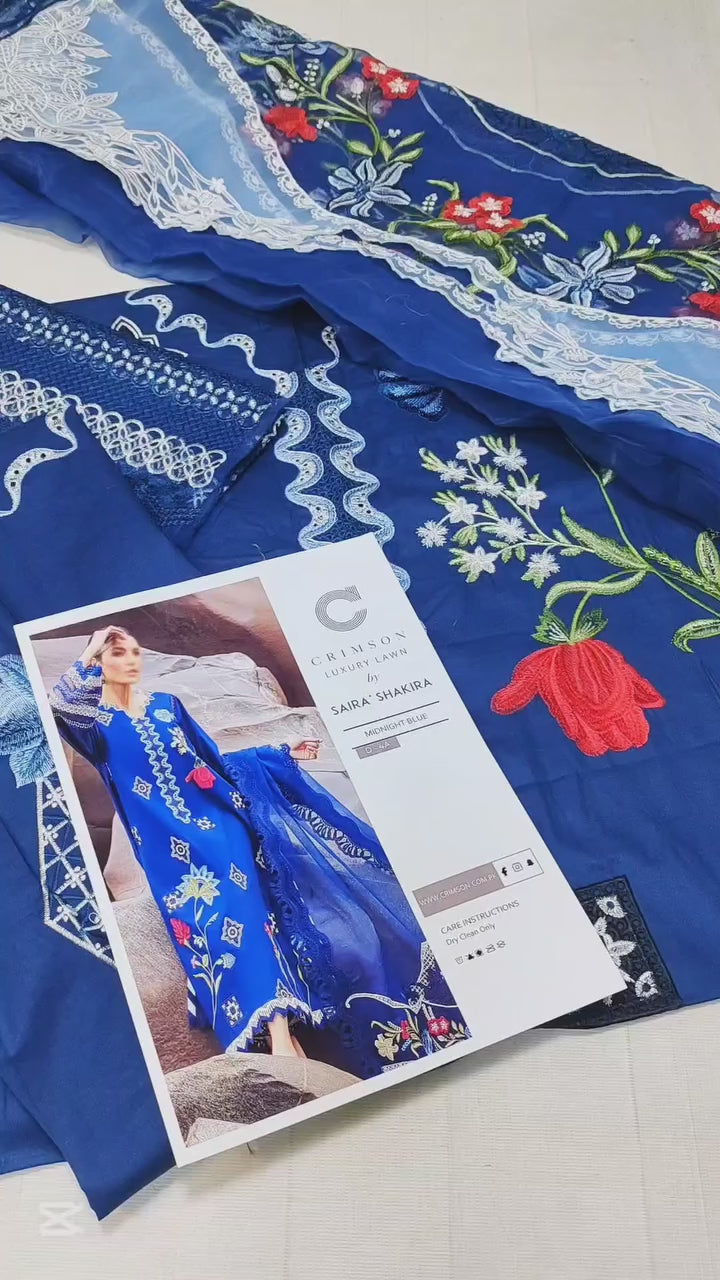 CRIMSON BY SAIRA SHAKIRA MIDNIGHT BLUE LAWN DRESS | LATEST EID COLLECTION BY SHAEBIZ