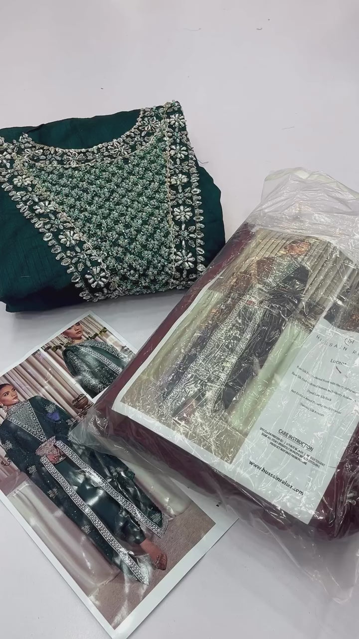 Hussain Rehar – Zinc Green Formal Raw Silk Suit (Replica) by Shaebiz
