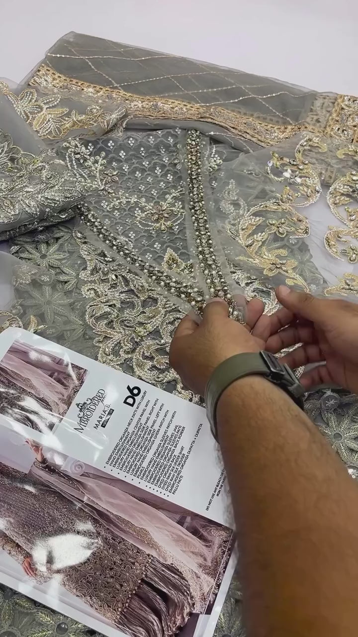 Embroidered Organza 3-Piece Suit with Hand Embellishment & Raw Silk Bottom