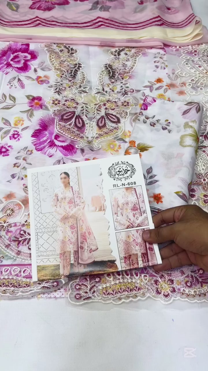 RANGREZ BY RAMSHA PINK PETAL LUXURY LAWN COLLECTION| UNSTITCHED SUMMER COLLECTION| TOP PAKISTANI DRESS BY SHAEBIZ