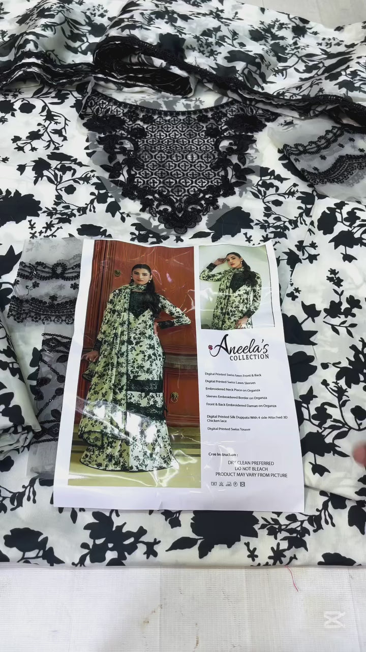 ANEELA'S  BLACK AND WHITE DIGITAL PRINTED SWISS LAWN | TOP PAKISTANI DRESS BY SHAEBIZ
