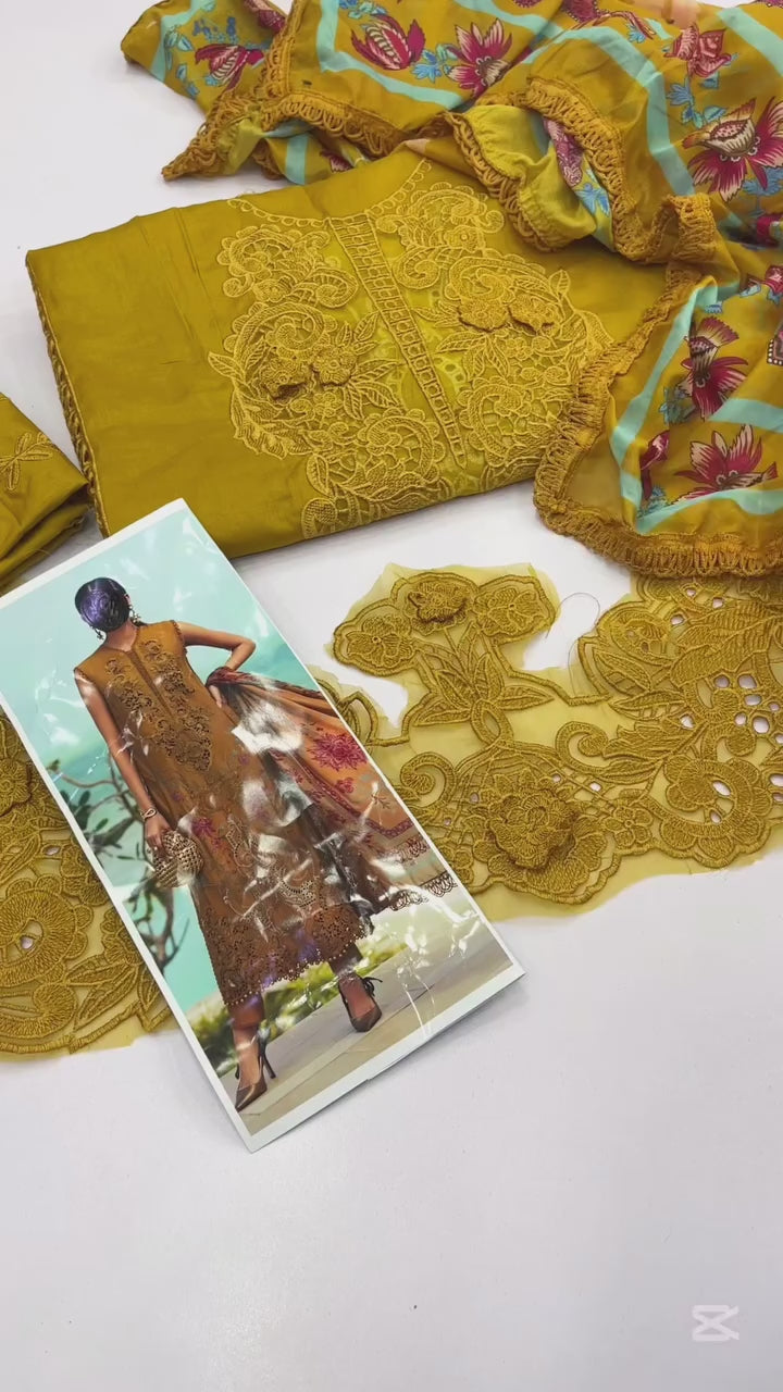 MARIA B MUSTARD MUSE EMBROIDERED LAWN COLLECTION| SUMMER COLLECTION| TOP PAKISTANI DRESS BY SHAEBIZ