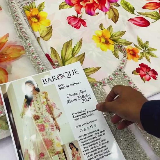 Step into elegance with Baroque Embroidered and Printed Lawn Collection — a stunning unstitched master replica featuring premium fabric, intricate embroidery, and vibrant prints. This top Pakistani dress by Shaebiz is perfect for summer style and casual elegance. Order Now.