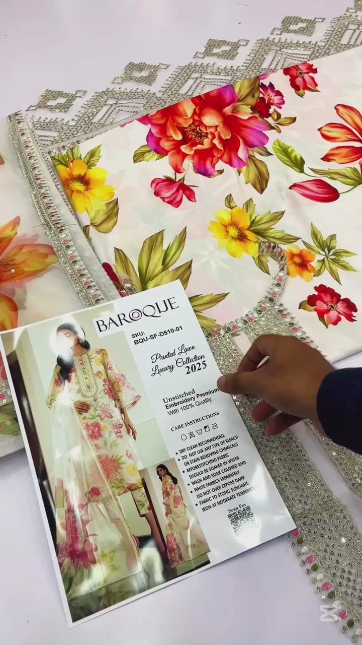 Step into elegance with Baroque Embroidered and Printed Lawn Collection — a stunning unstitched master replica featuring premium fabric, intricate embroidery, and vibrant prints. This top Pakistani dress by Shaebiz is perfect for summer style and casual elegance. Order Now.