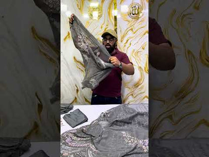MARIA B LATEST GREY  SAREE| UNSTITCHED WEDDING COLLECTION| TOP PAKISTANI DRESS BY SHAEBIZ