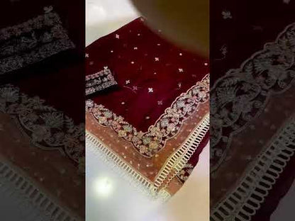 ANEELA'S NEW MAROON LUXURY VELVET| UNSTITCHED WINTER COLLECTION BY SHAEBIZ