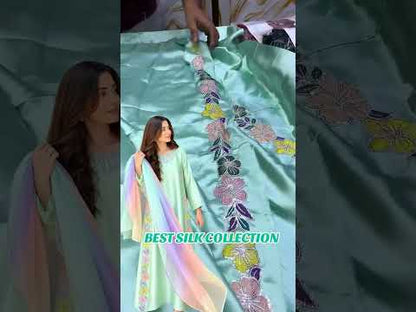SHAEBIZ PRESENTING LUXURY GREEN SILK KAFTAN | UNSTITCHED 3 PCS BY SHAEBIZ