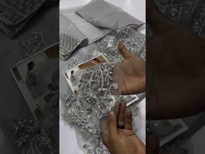 DESIGNER LAVA SILK GREY SHEESHA LUXURY FORMAL WEAR| UNSTITCHED 3 PCS | TOP PAKISTANI DRESS BY SHAEBIZ