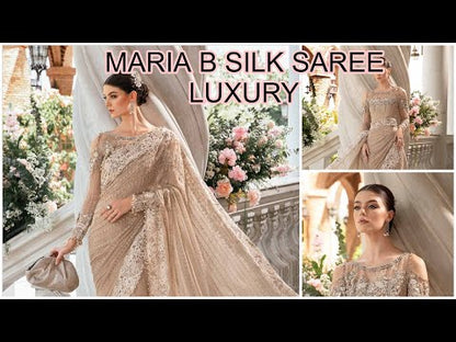 Maria.B Saree In Beige Skin | Chiffon Luxury Wedding Wear Saree Top Pakistani Dress By Shaebiz