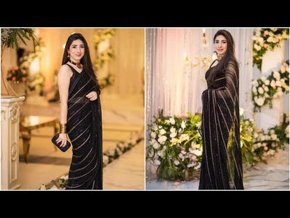 MARYAM NAFEES BLACK CHIFFON SAREE| UNSTITCHED PARTY WEAR| TOP PAKISTANI DRESS BY SHAEBIZ