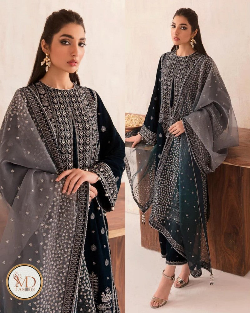 JAZMIN LUXURY GREEN VELVET COLLECTION| UNSTITCHED FORMAL WEAR| TOP PAKISTANI DRESS BY SHAEBIZ
