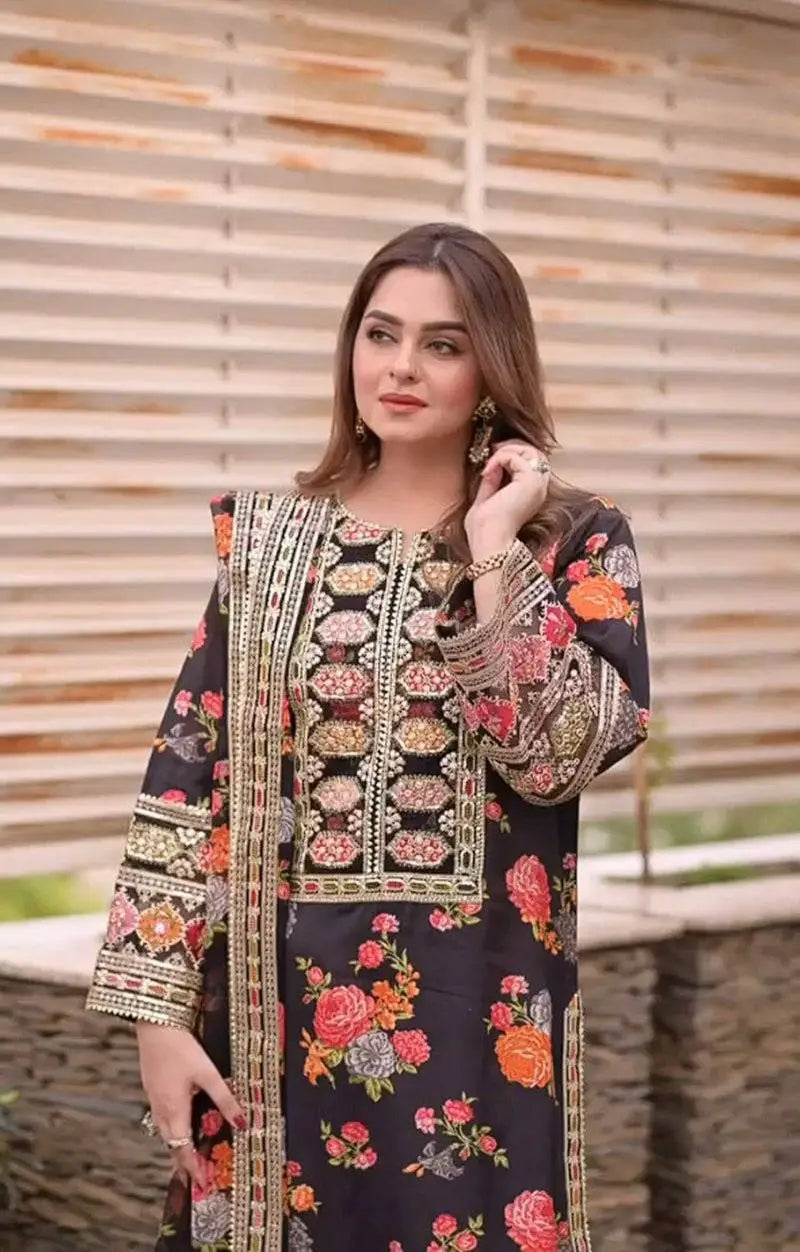 ANEELA'S TREND BLACK MULTI PRINT SHAMOOZ SILK| 2025 LATEST COLLECTION| TOP PAKISTANI DRESS BY SHAEBIZ