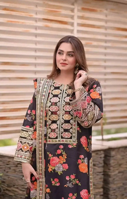 ANEELA'S TREND BLACK MULTI PRINT SHAMOOZ SILK| 2025 LATEST COLLECTION| TOP PAKISTANI DRESS BY SHAEBIZ