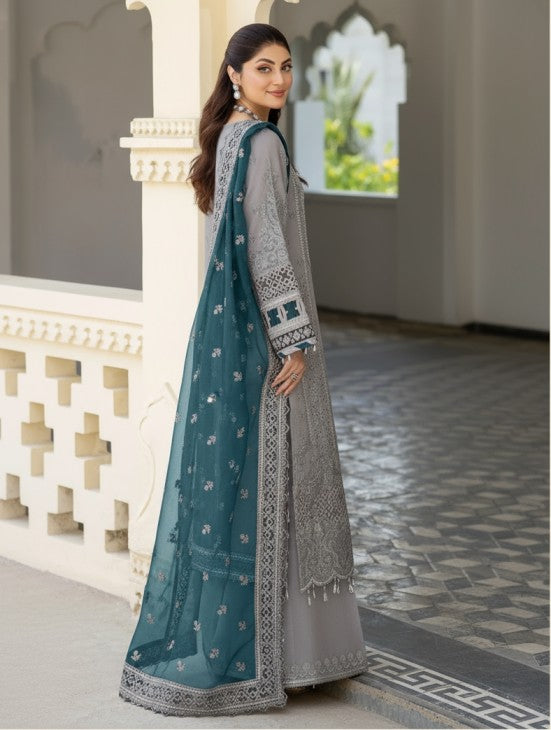 IMROZIA ZARQOON GREY LUXURY NET COLLECTION| UNSTITCHED MASTER REPLICA| TOO PAKISTANI DRESS BY SHAEBIZ