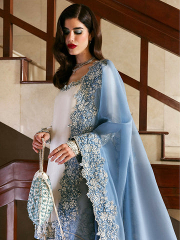 HUSSAIN REHAR 2026 WHITE SKY RAW SILK COLLECTION WITH POUCH
