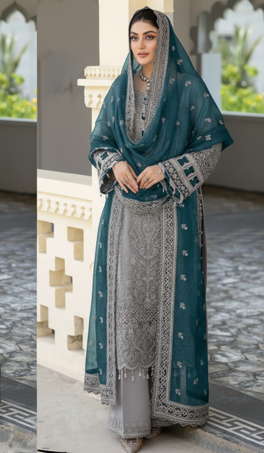 IMROZIA ZARQOON GREY LUXURY NET COLLECTION| UNSTITCHED MASTER REPLICA| TOO PAKISTANI DRESS BY SHAEBIZ